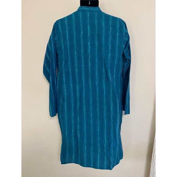 Prabartana Men's Punjabi Kurta 100% Cotton Hand Loomed Blue Teal Striped Tunic - Picture 2 of 12